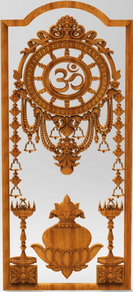3D DOOR - OAK-31 Om Symbol and Sacred Kalash Temple Carving Design